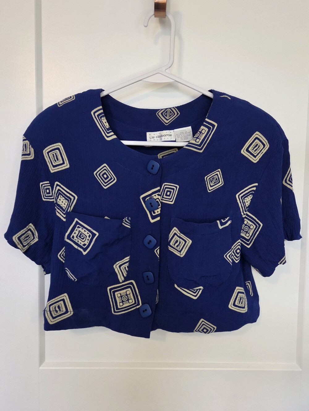 Vintage Liz Claiborne Royal Blue w/ Cream Geometric Print Top #SW